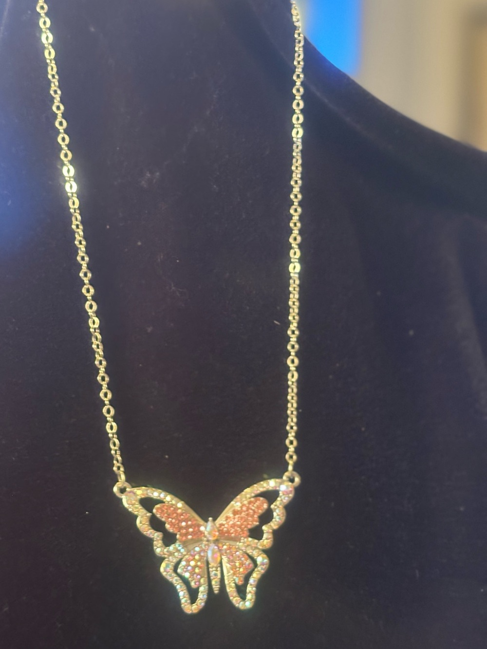 Silver tone Butterfly Pendant Necklace with Pink Crystal Wings